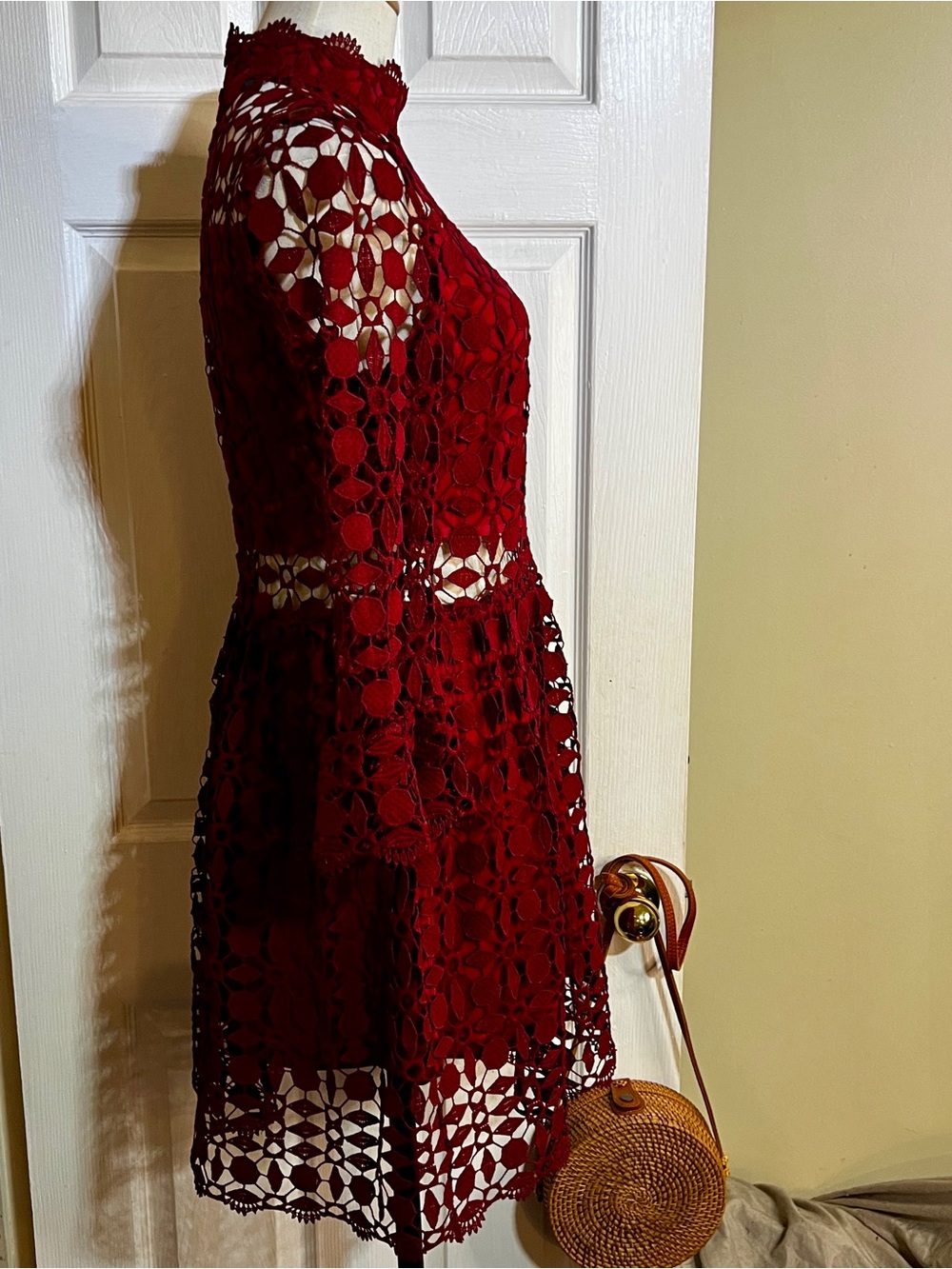 Eilly Bazar Wms Wine Lace Embroidery Cutout Inset Sheer Fit&Flare Mini Dress M - Picture 7 of 15
